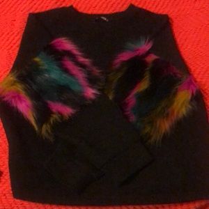 Black sweater with colored fury sleeves, size large